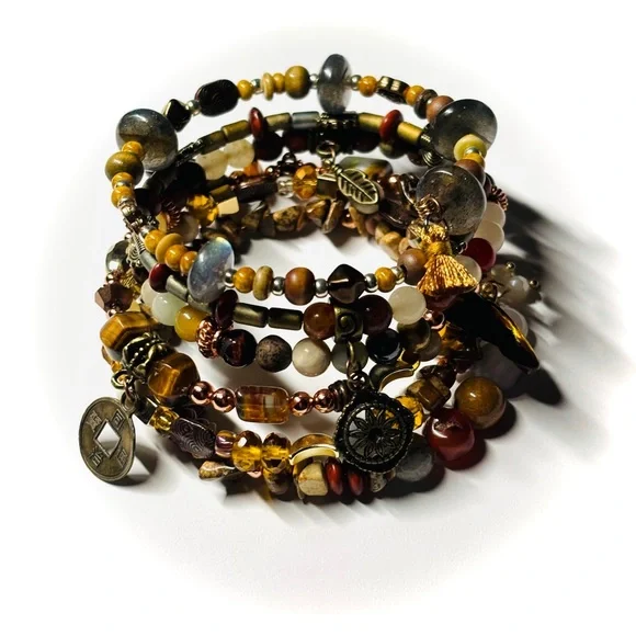 🆕 OOAK Bohemian Bead Mix Memory Wire Wrap Bracelet — Semi Precious Gemstone